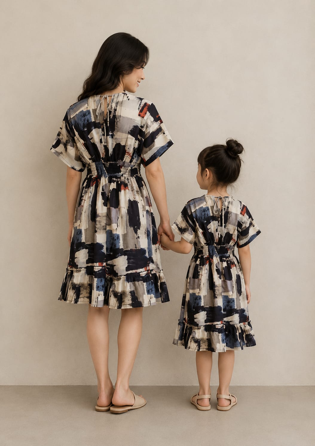 Mom & Daughter Abstract Brushstroke Printed Matching Flared Dress Set with Smocked Waist Detail