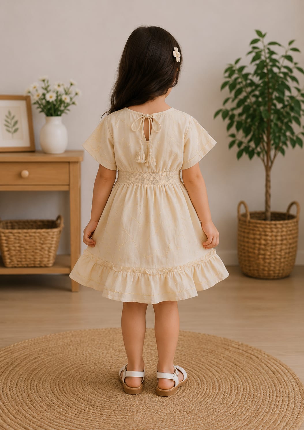 Baby Girls Vanilla Cream Smocked Waist Flared Midi Dress