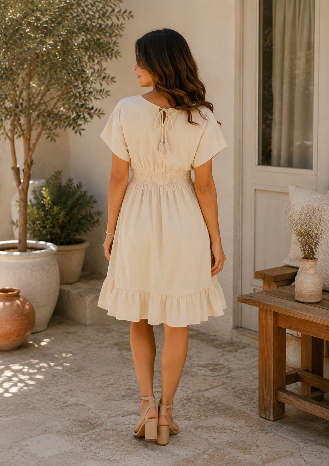 Women’s Elegant Vanilla Cream Smocked Waist Ruffle Hem Summer Dress