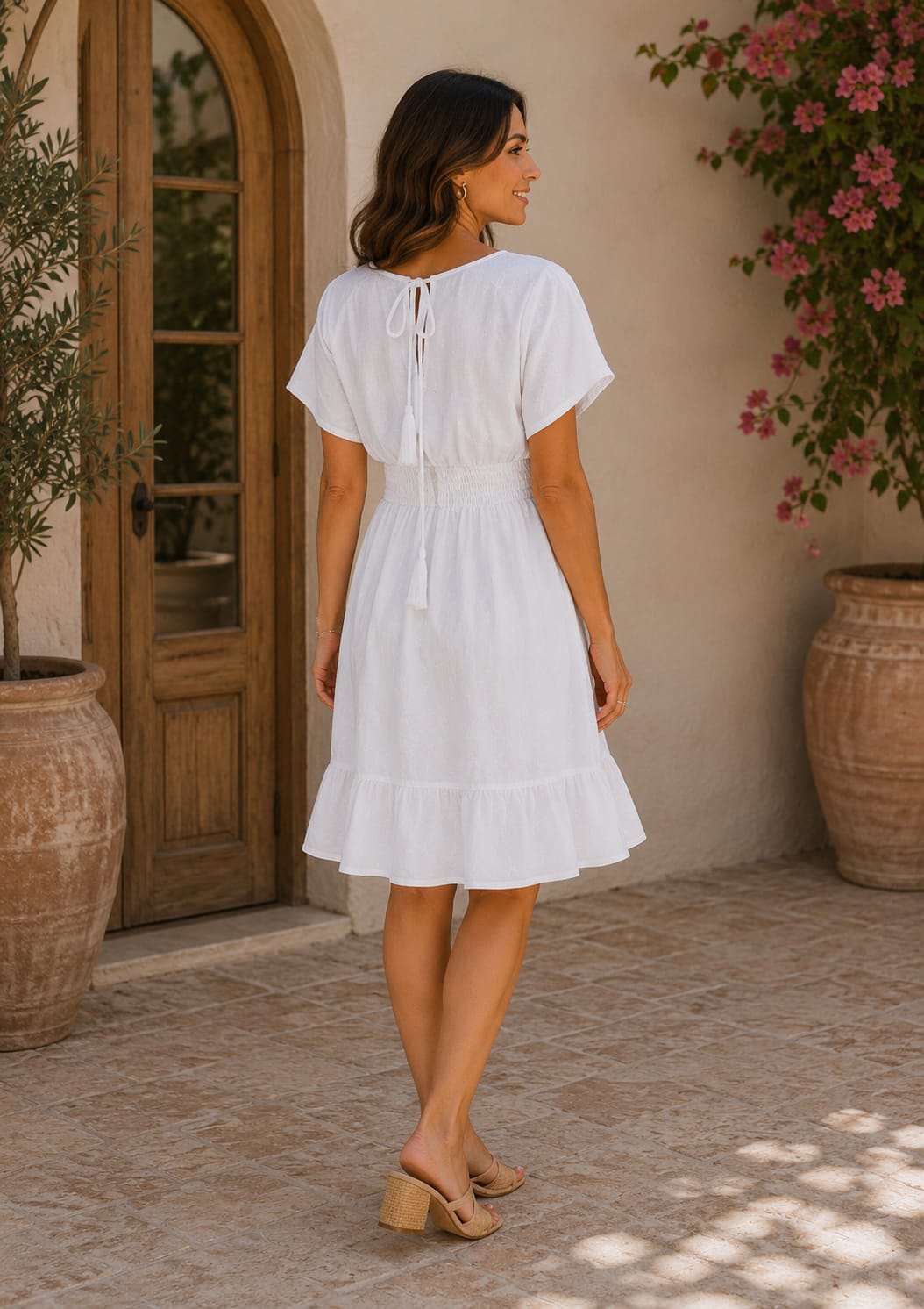 Women’s Elegant Pure White Smocked Waist Ruffle Hem Summer Dress