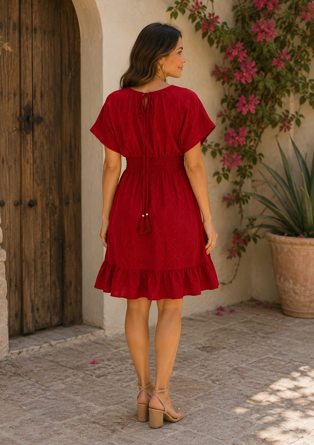 Women’s Elegant Ruby Red Smocked Waist Ruffle Hem Casual Summer Dress