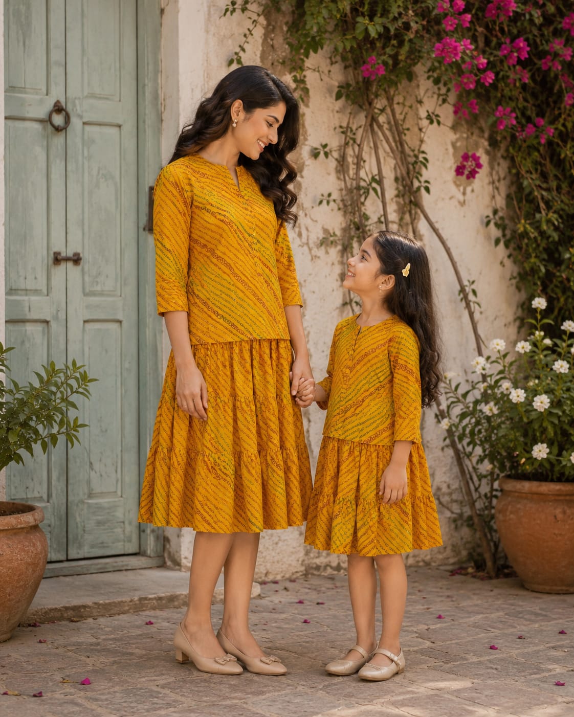 Golden Sunshine Mommy & Me Short Kurti & Skirt Set