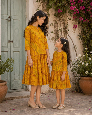 Golden Sunshine Mommy & Me Short Kurti & Skirt Set