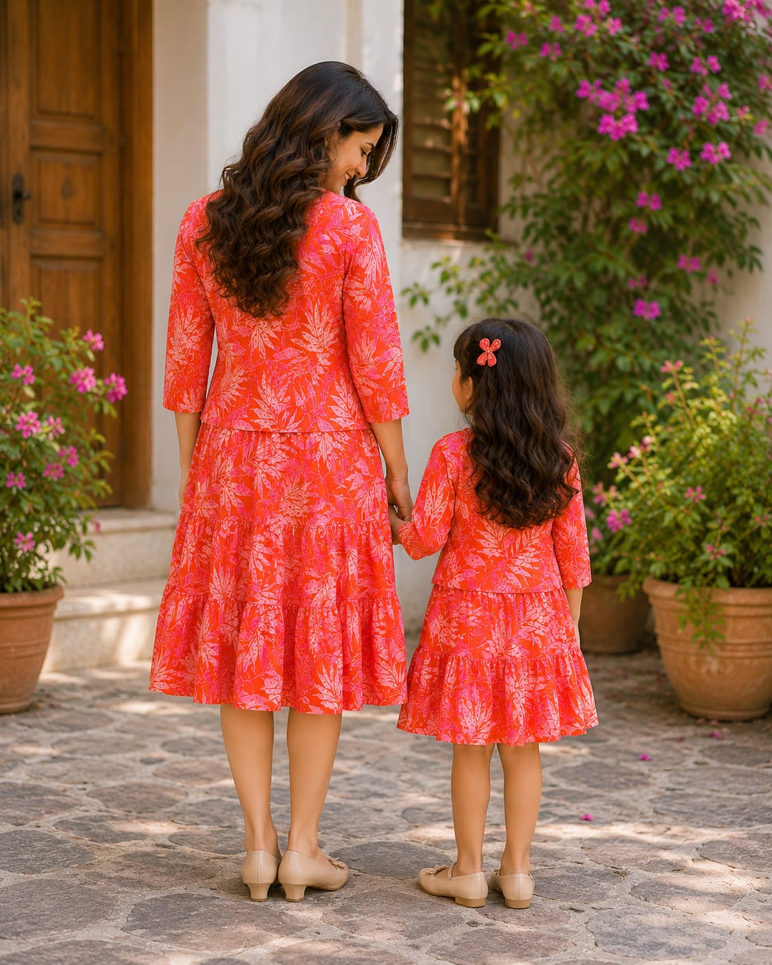 Mommy & Me Coral Sunset Tropical Bloom Tiered Twinning Dress Collection