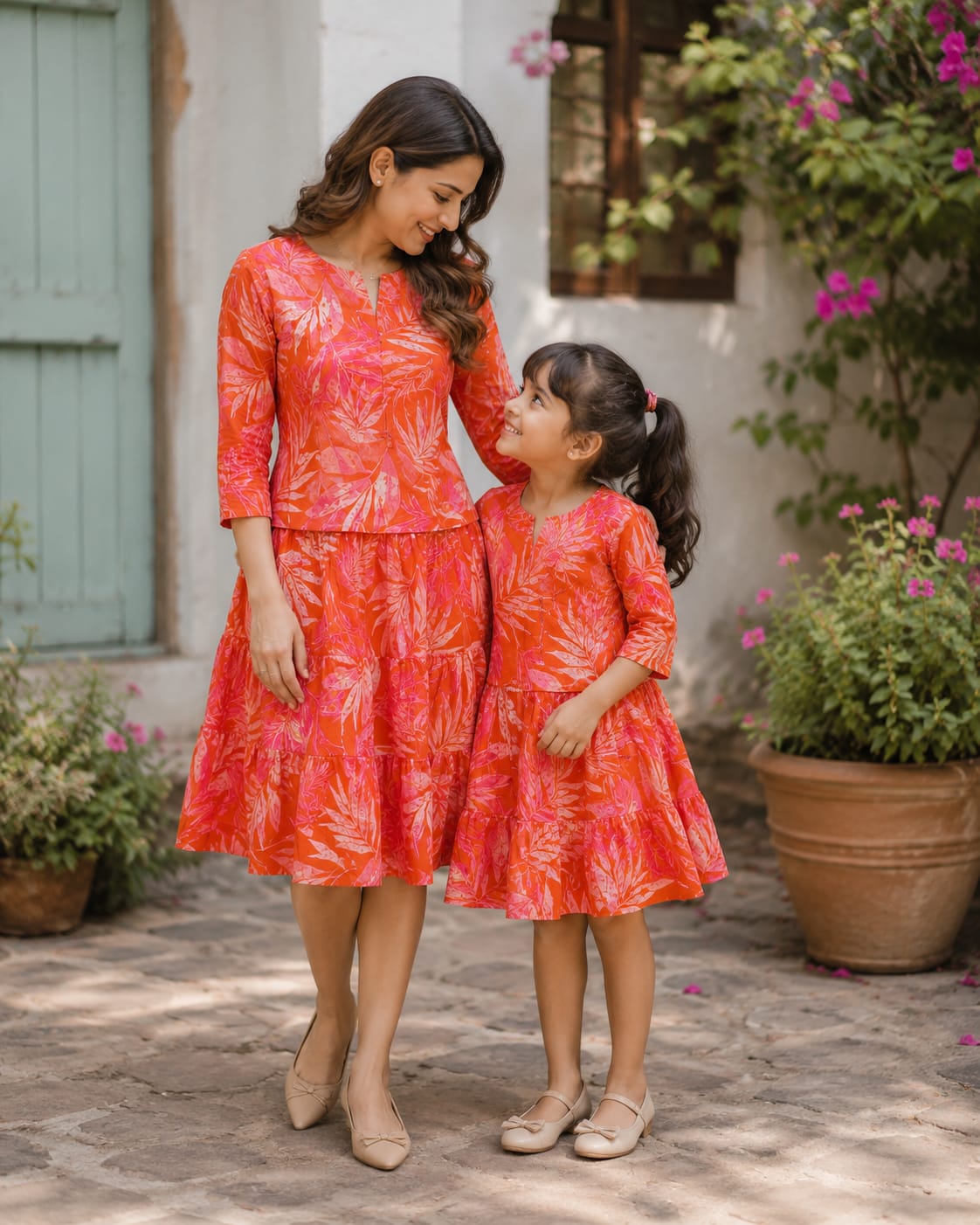 Mommy & Me Coral Sunset Tropical Bloom Tiered Twinning Dress Collection