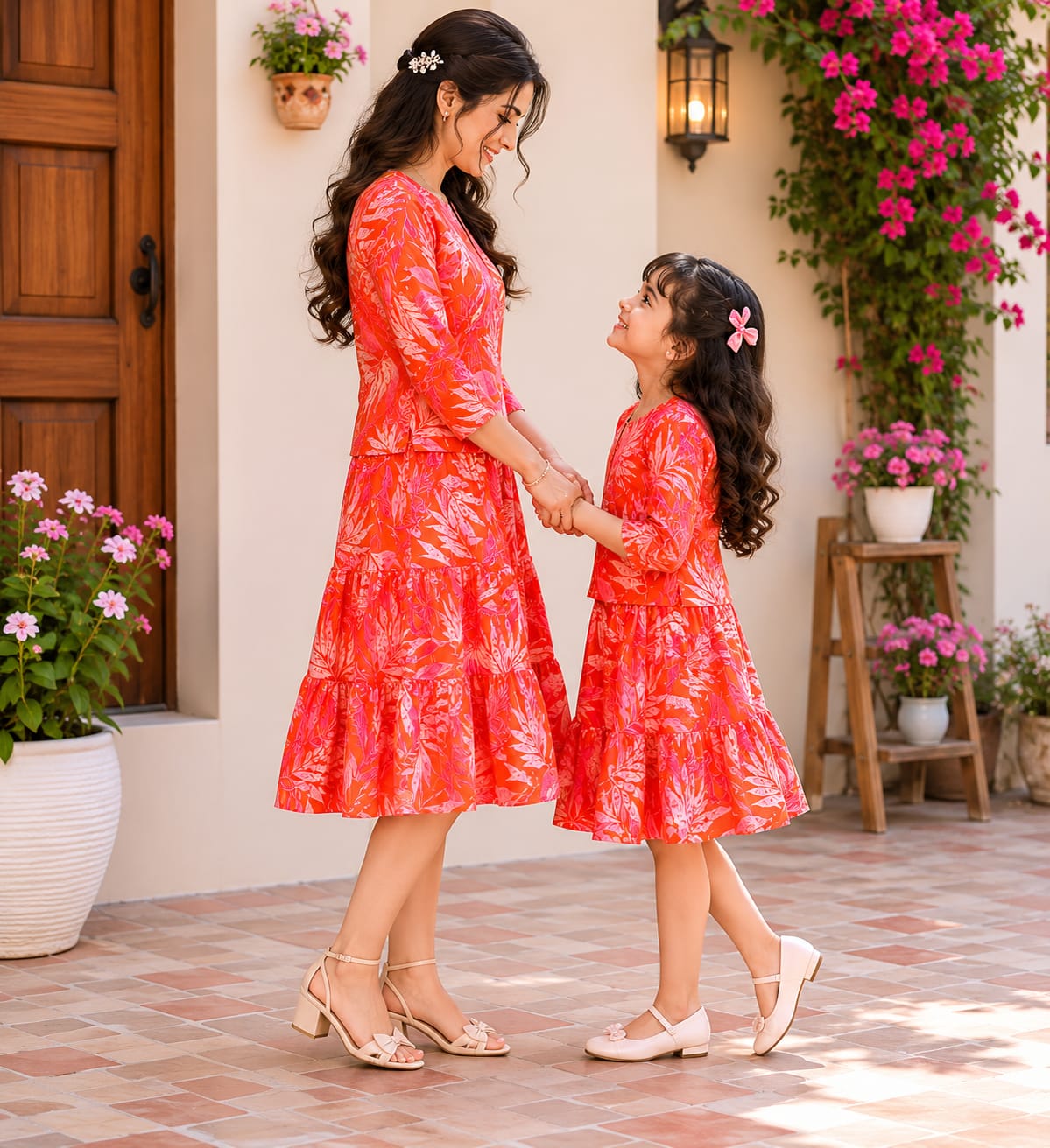 Mommy & Me Coral Sunset Tropical Bloom Tiered Twinning Dress Collection