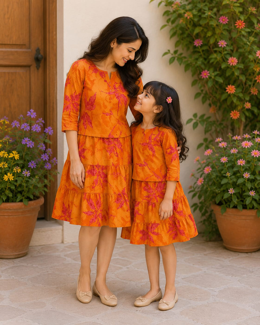 Mommy & Me Sunset Marigold Floral Tiered Twinning Dress Collection