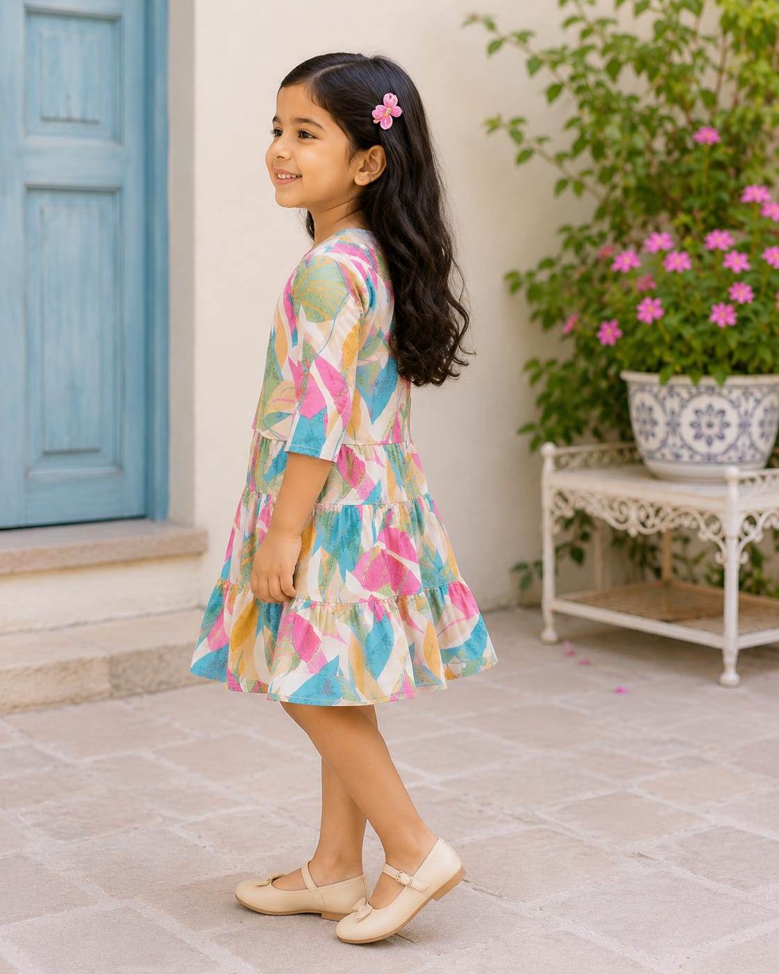 Girls’ Elegant Pastel Garden Tiered Party Dress