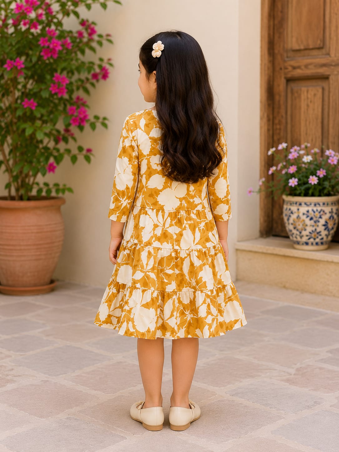 Girls’ Elegant Mustard Bloom Tiered Dress