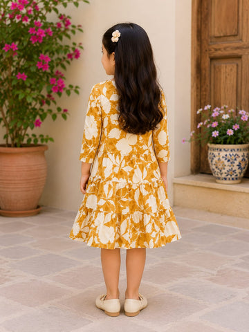 Girls’ Elegant Mustard Bloom Tiered Dress