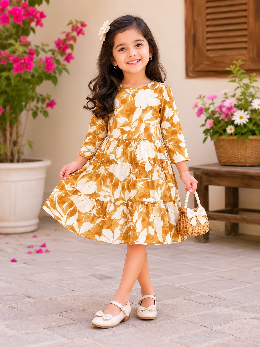 Girls’ Elegant Mustard Bloom Tiered Dress