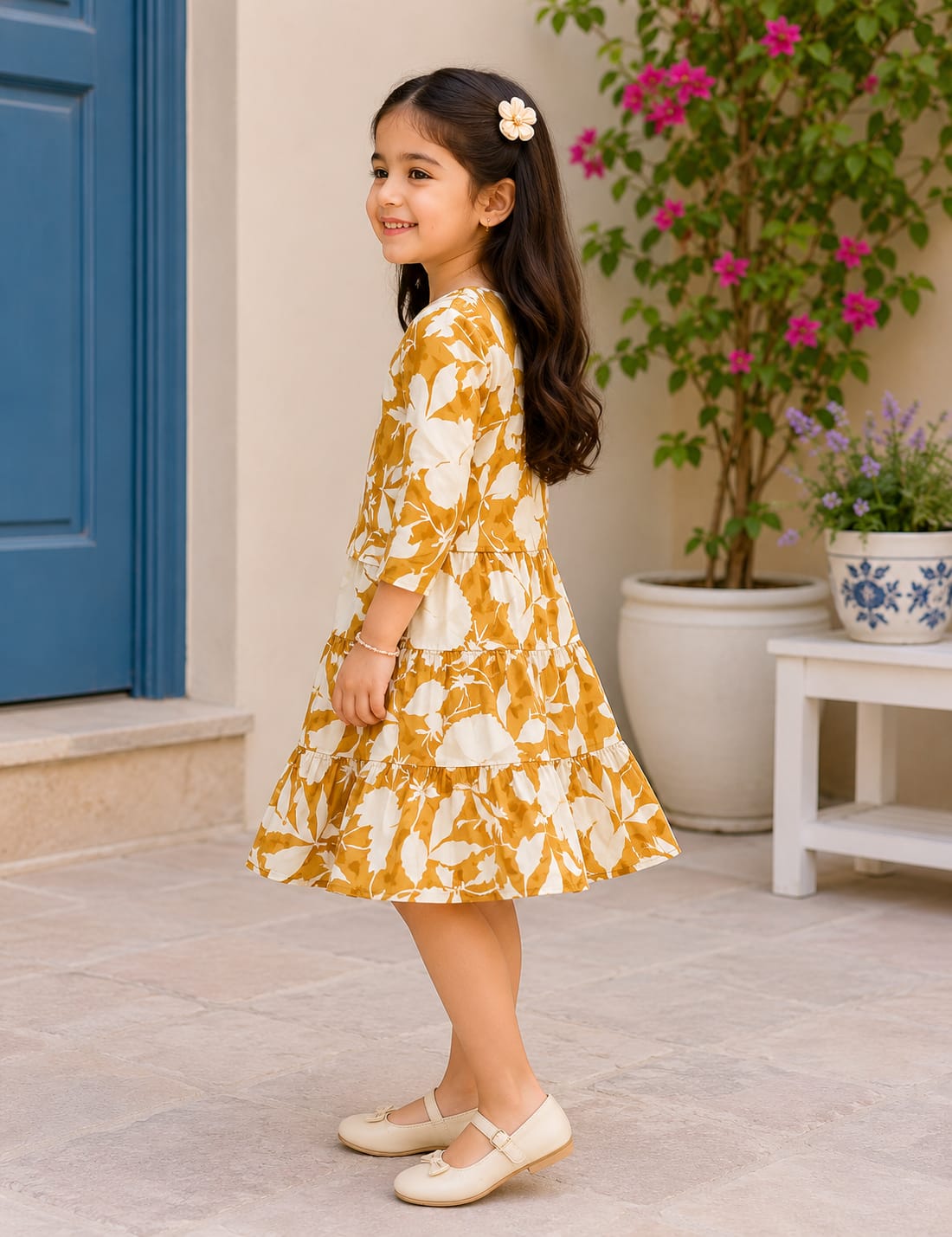 Girls’ Elegant Mustard Bloom Tiered Dress
