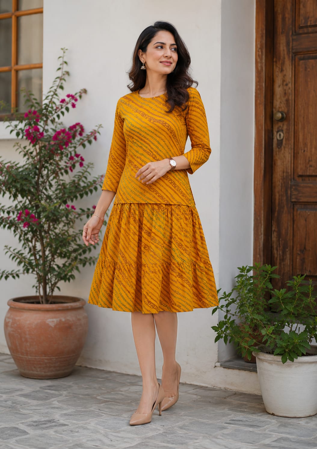 The Golden Sunset Tiered Midi Dress