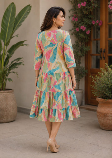 Women’s Elegant Pastel Abstract Print Tiered Midi Dress