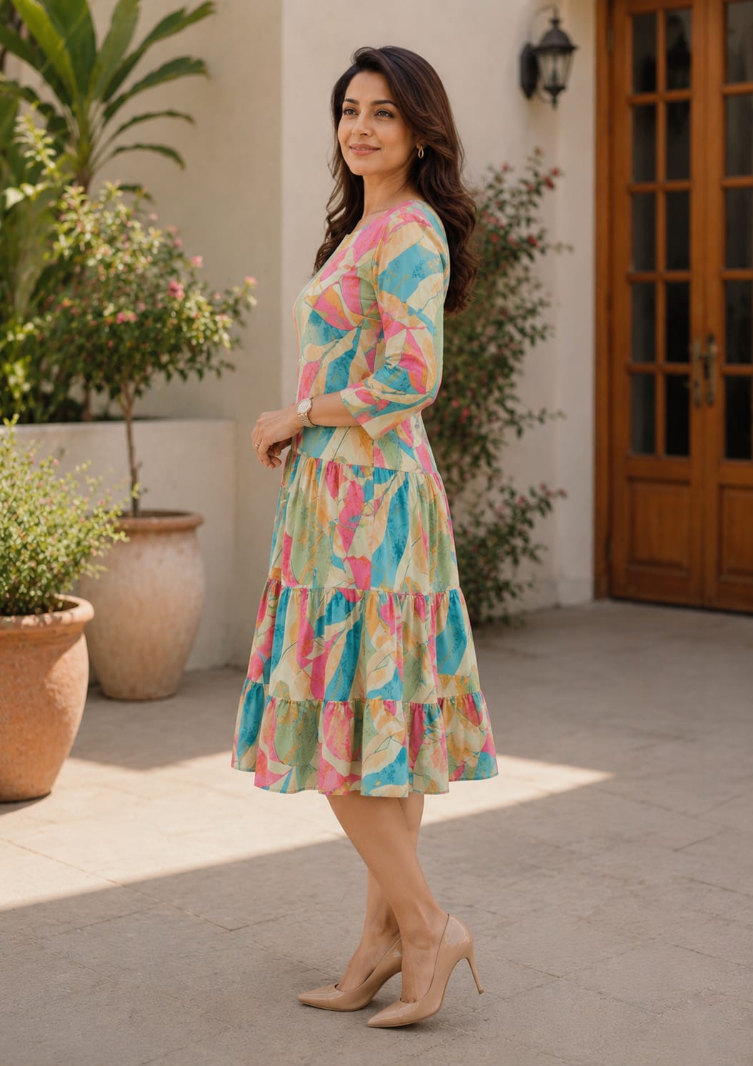 Women’s Elegant Pastel Abstract Print Tiered Midi Dress