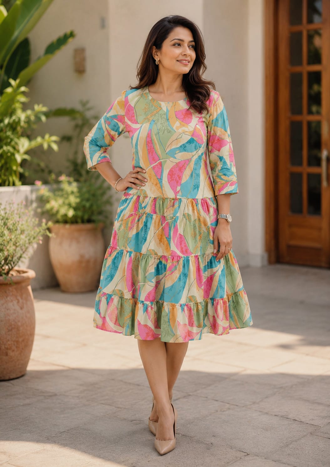 Women’s Elegant Pastel Abstract Print Tiered Midi Dress