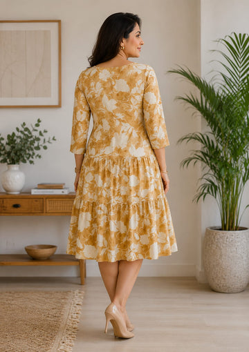 Women’s Elegant Mustard Beige Floral Tiered Midi Dress