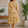 Women’s Elegant Mustard Beige Floral Tiered Midi Dress