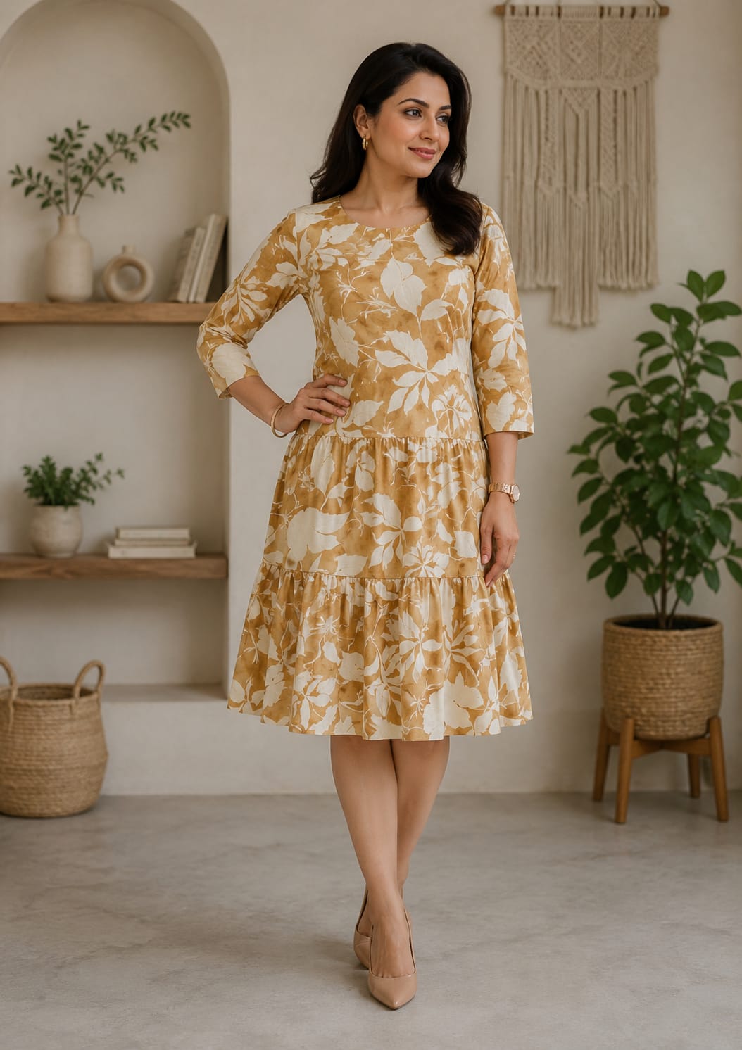 Women’s Elegant Mustard Beige Floral Tiered Midi Dress