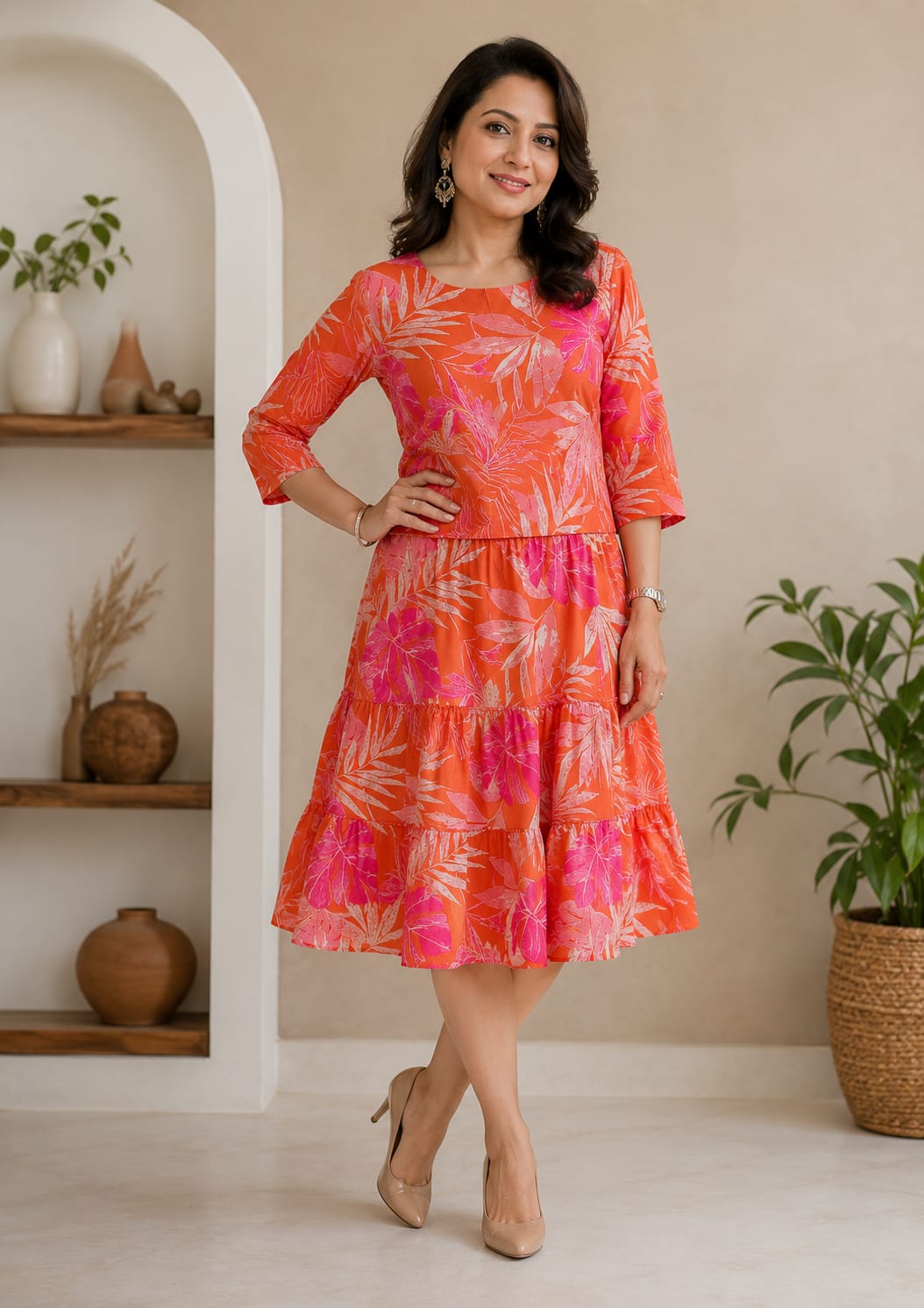 Women’s Elegant Coral Pink Tropical Print Tiered Midi Dress