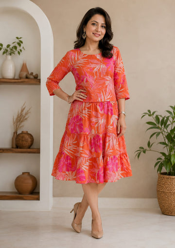 Women’s Elegant Coral Pink Tropical Print Tiered Midi Dress