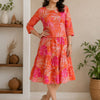 Women’s Elegant Coral Pink Tropical Print Tiered Midi Dress