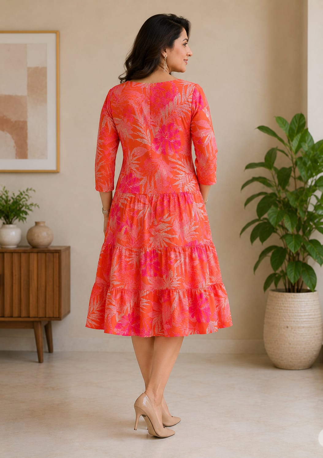 Women’s Elegant Coral Pink Tropical Print Tiered Midi Dress