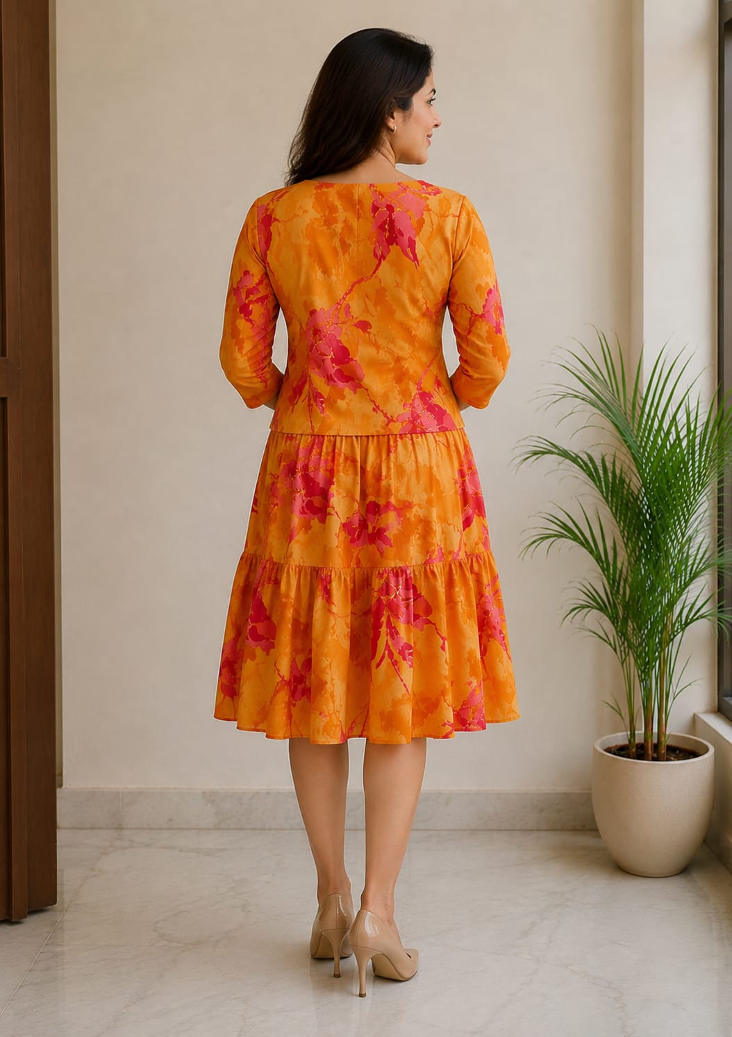 Women’s Elegant Sunset Orange Floral Tiered Midi Dress