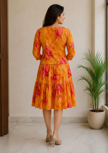 Women’s Elegant Sunset Orange Floral Tiered Midi Dress