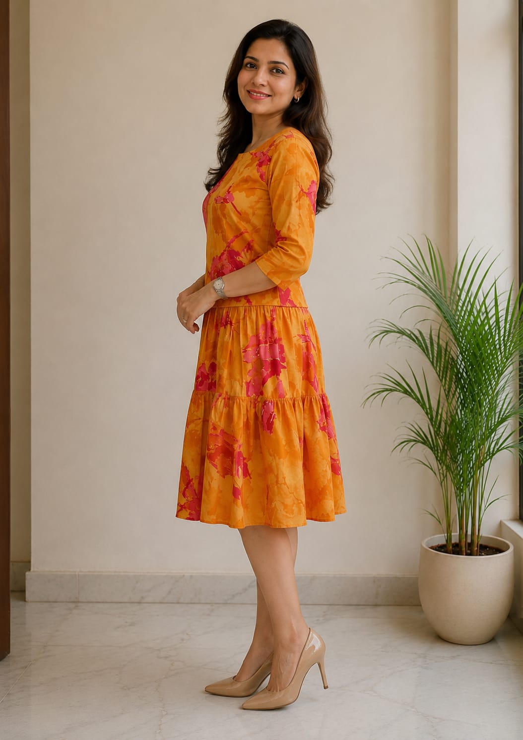 Women’s Elegant Sunset Orange Floral Tiered Midi Dress