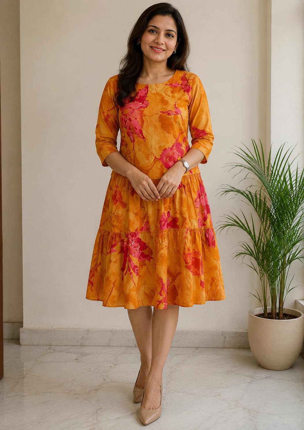 Women’s Elegant Sunset Orange Floral Tiered Midi Dress