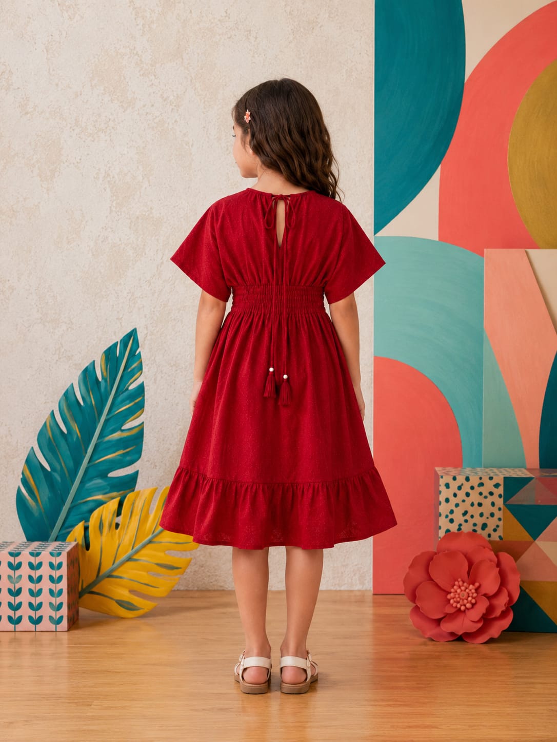 Baby Girls Cotton Ruby Charm Smocked Waist Flared Midi Dress