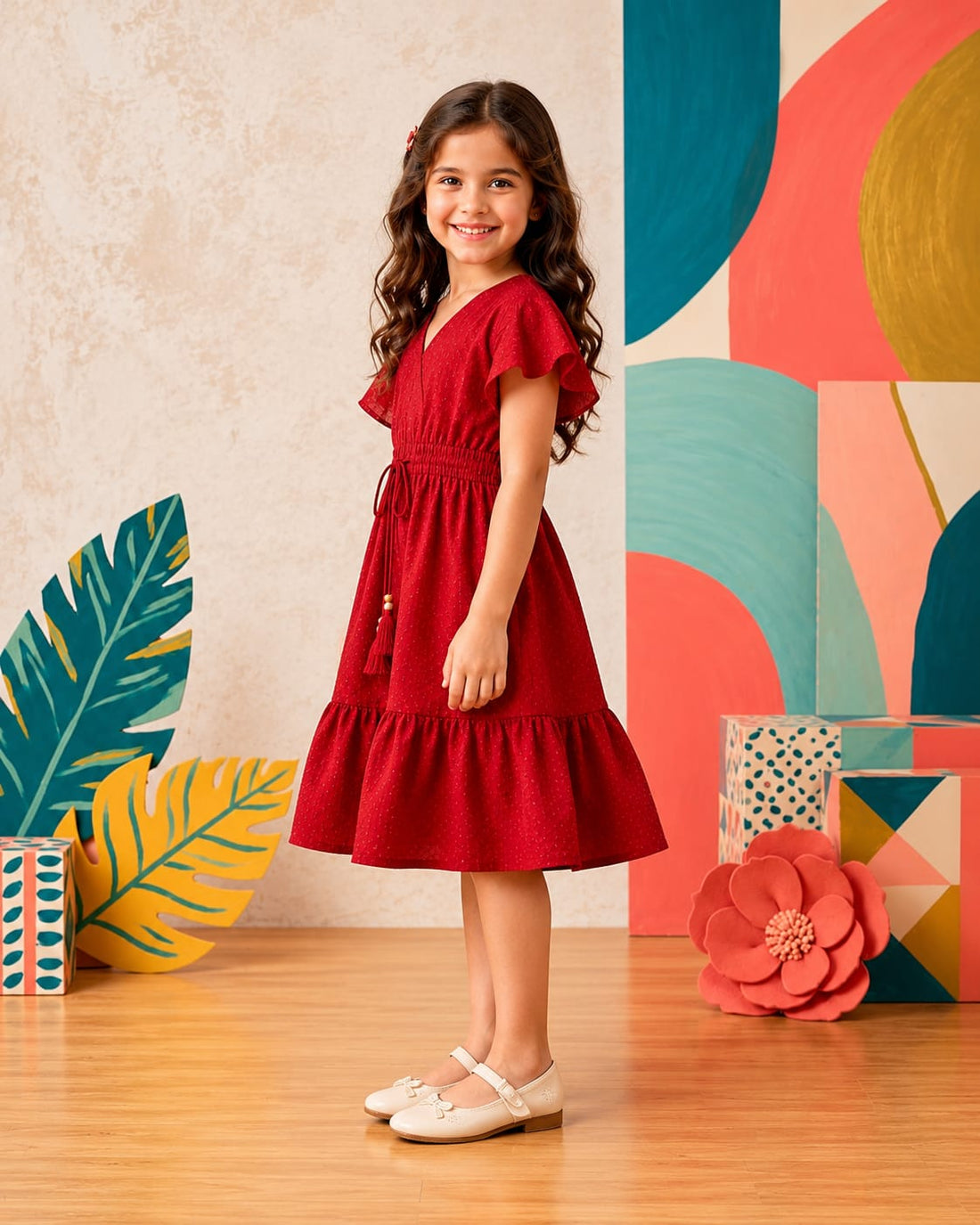Baby Girls Cotton Ruby Charm Smocked Waist Flared Midi Dress