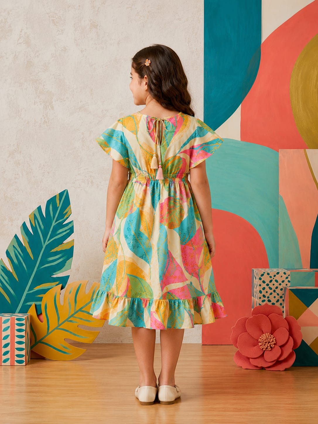 Baby Girls Pastel Rainbow Abstract Printed Smocked Waist Tiered Flared Midi Dress