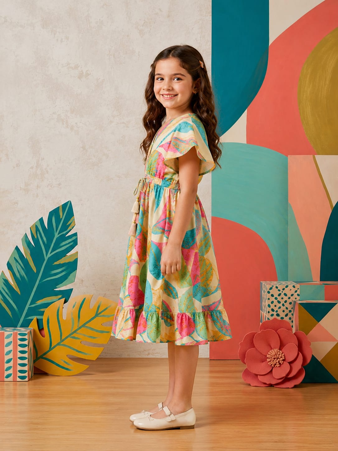 Baby Girls Pastel Rainbow Abstract Printed Smocked Waist Tiered Flared Midi Dress