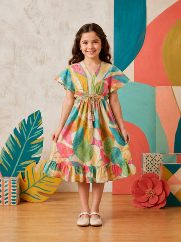 Baby Girls Pastel Rainbow Abstract Printed Smocked Waist Tiered Flared Midi Dress