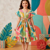 Baby Girls Pastel Rainbow Abstract Printed Smocked Waist Tiered Flared Midi Dress