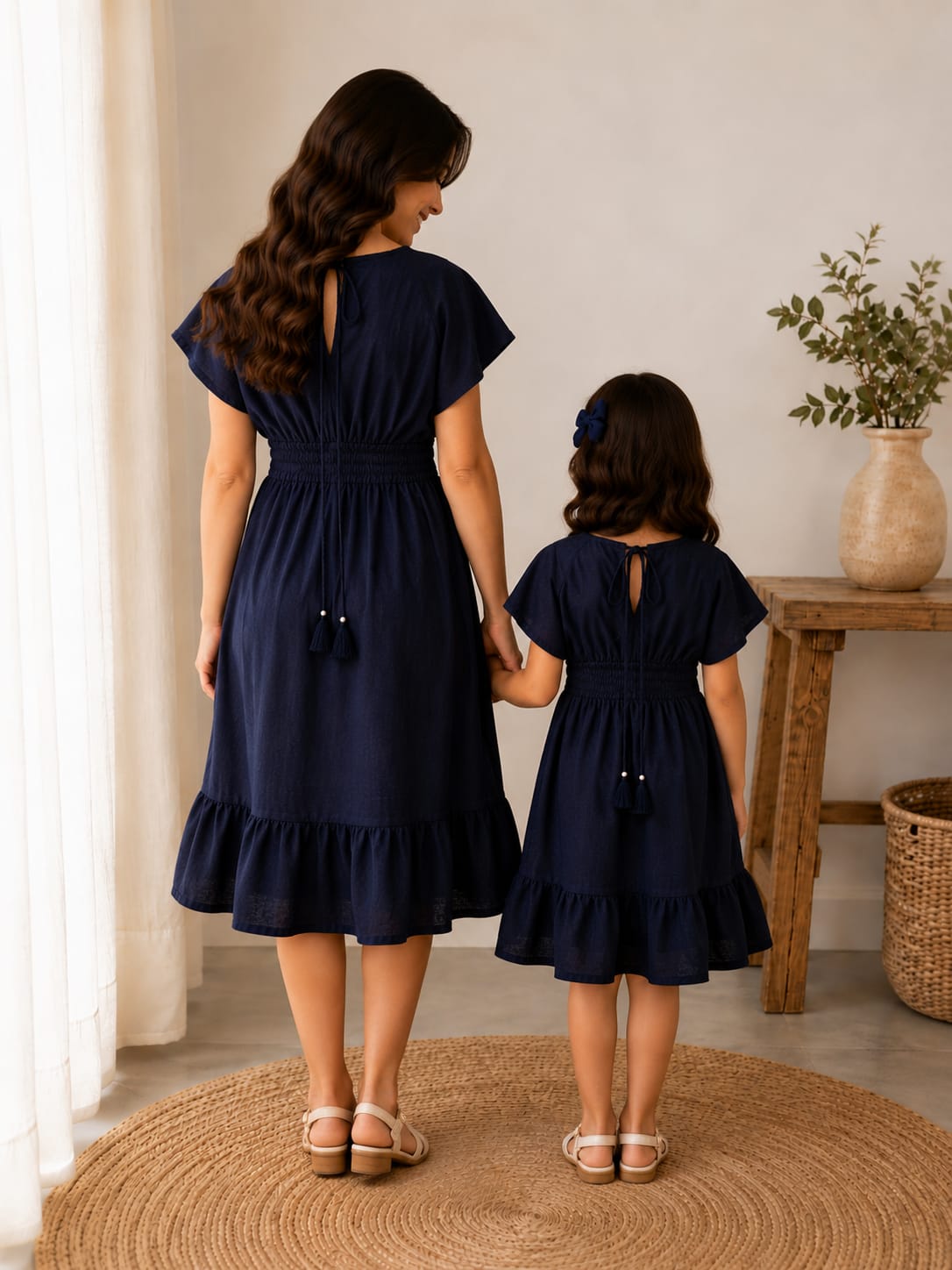 Mom & Daughter Navy Blue Solid Smocked Waist Flared Midi Dress Set with Tassel Tie-Up Detail