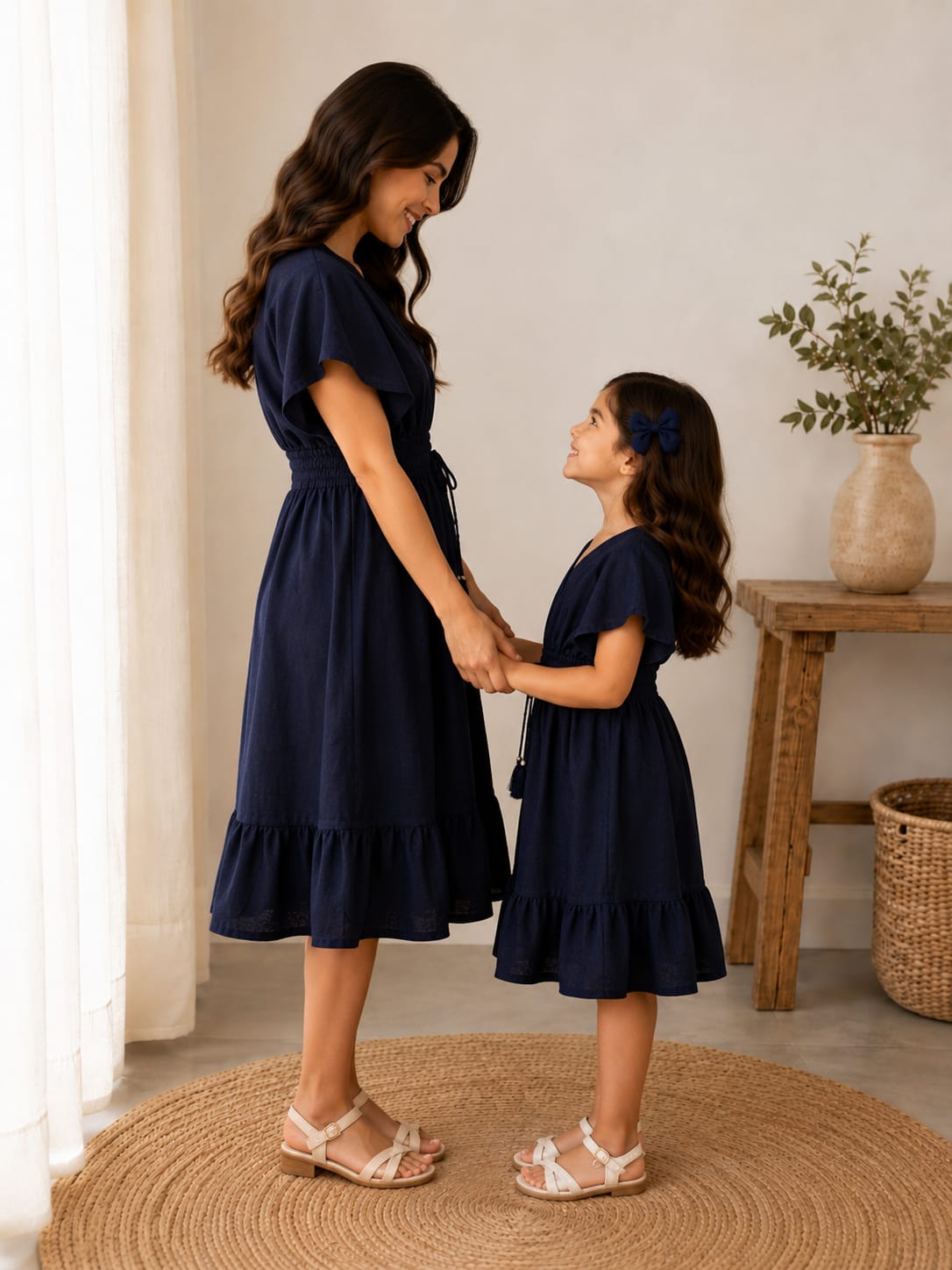 Mom & Daughter Navy Blue Solid Smocked Waist Flared Midi Dress Set with Tassel Tie-Up Detail
