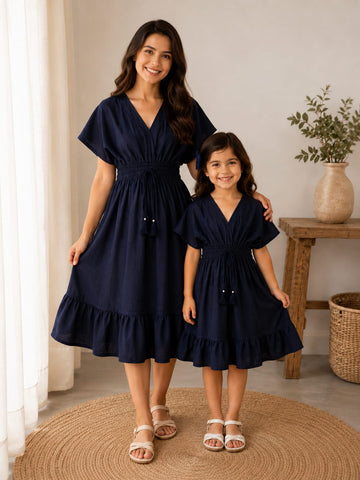 Mom & Daughter Navy Blue Solid Smocked Waist Flared Midi Dress Set with Tassel Tie-Up Detail