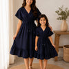 Mom & Daughter Navy Blue Solid Smocked Waist Flared Midi Dress Set with Tassel Tie-Up Detail