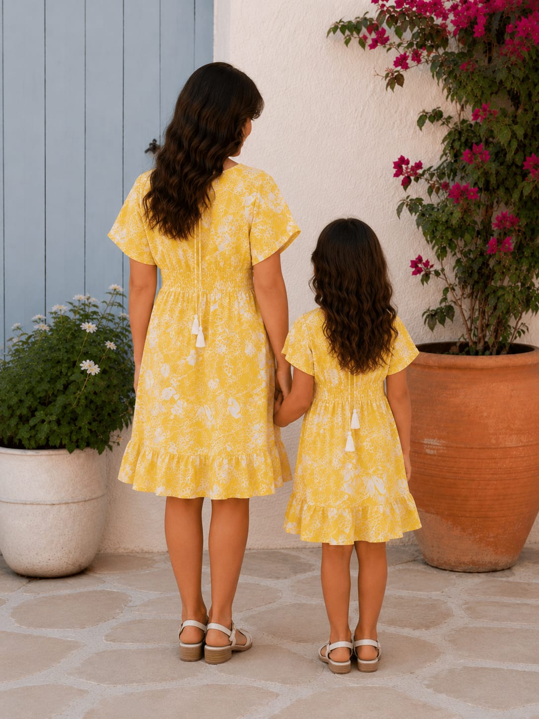 Mom & Daughter Tropical Yellow Floral Printed Matching Smocked Waist Flared Dress Set with Tassel Tie-Up Detail