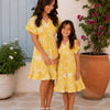 Mom & Daughter Tropical Yellow Floral Printed Matching Smocked Waist Flared Dress Set with Tassel Tie-Up Detail