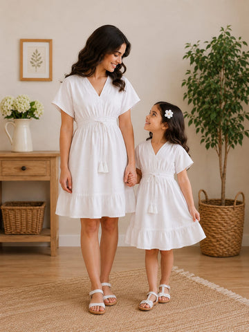 Snow Pearl Mommy & Me Smocked Waist Matching Dress Set