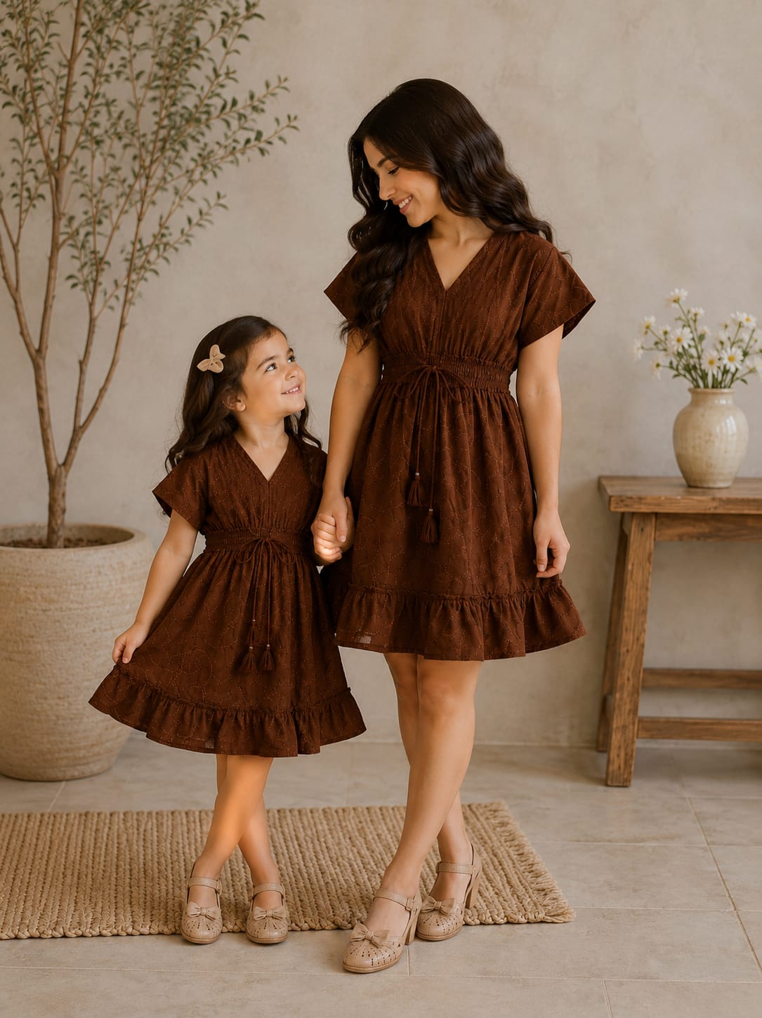 Elegant Cocoa Harmony Mother Daughter Matching Ruffle Hem Dress Set