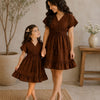 Elegant Cocoa Harmony Mother Daughter Matching Ruffle Hem Dress Set