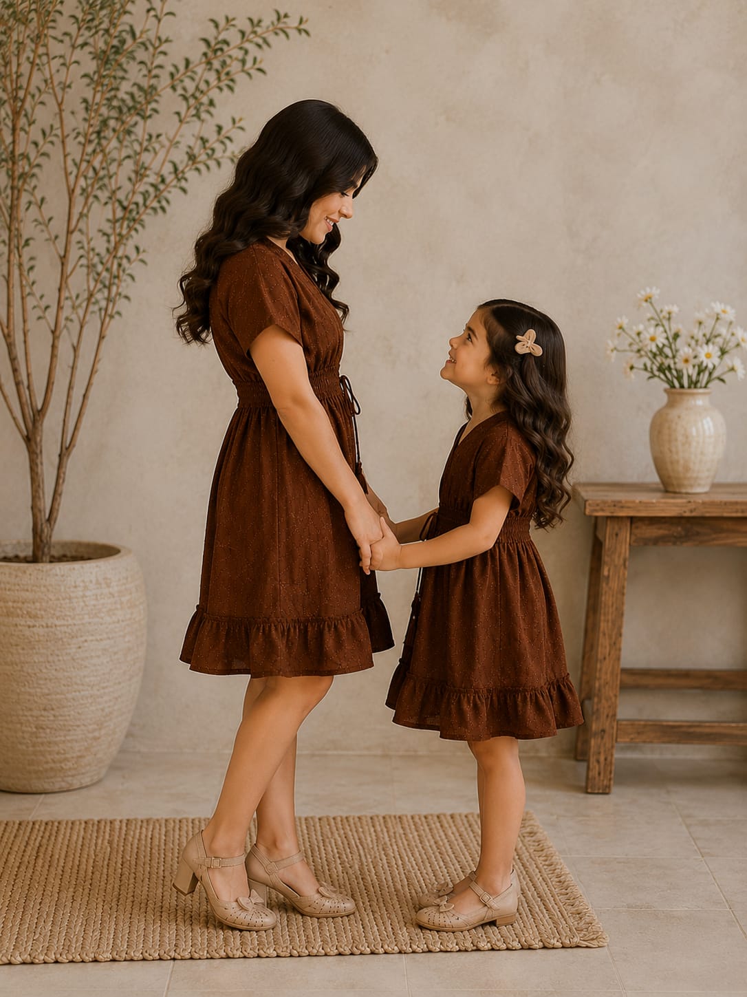 Elegant Cocoa Harmony Mother Daughter Matching Ruffle Hem Dress Set
