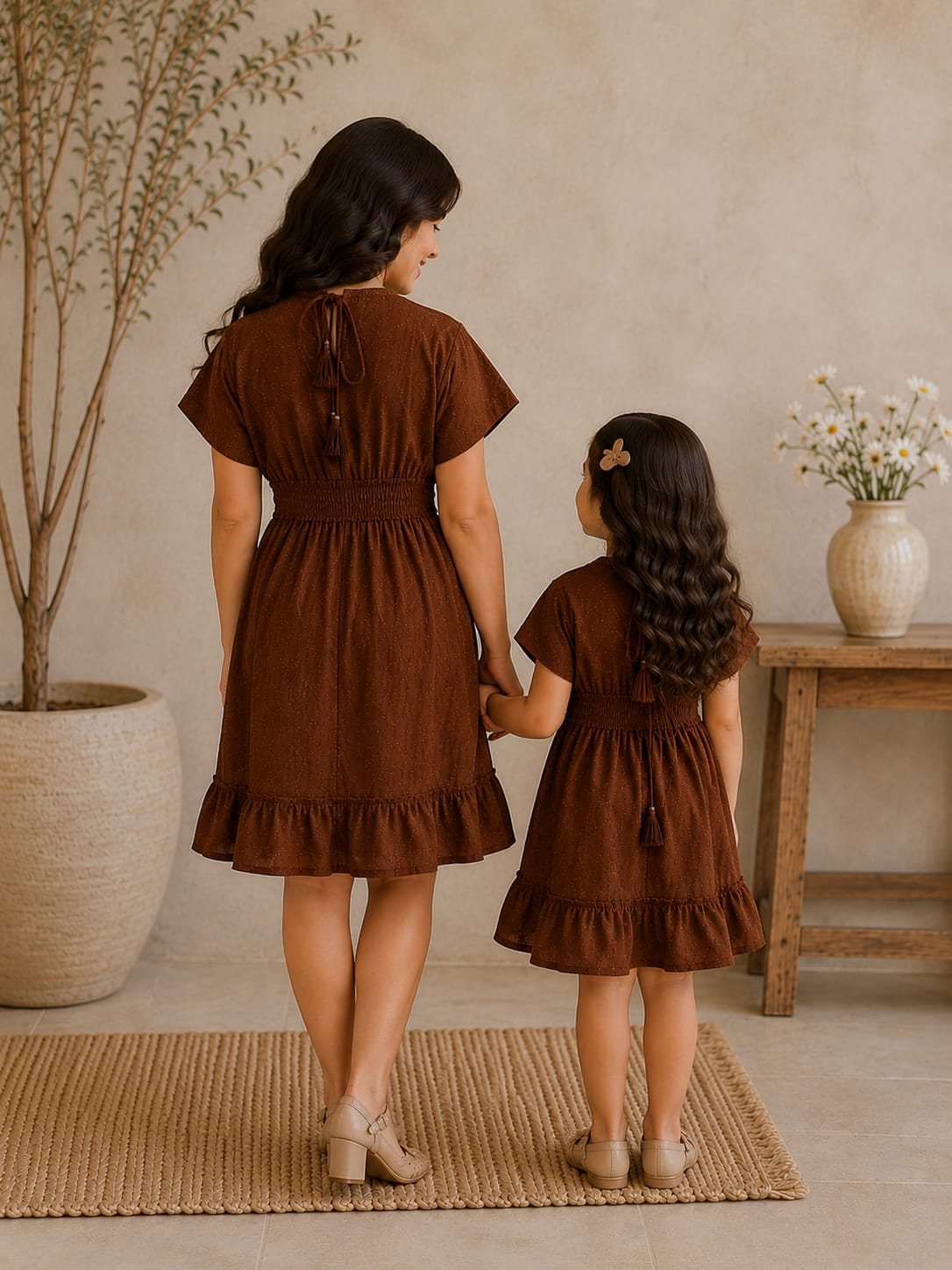 Elegant Cocoa Harmony Mother Daughter Matching Ruffle Hem Dress Set