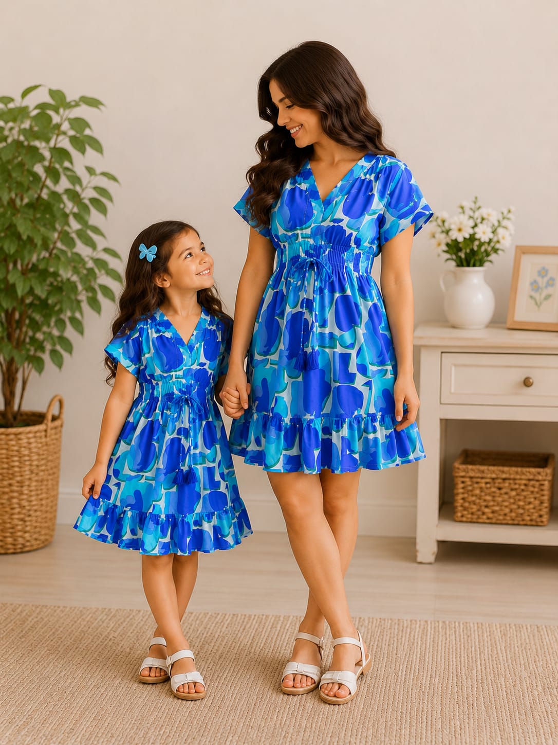 Royal Ocean Bloom Mommy & Me Smocked Waist Vacation Style Dress Collection