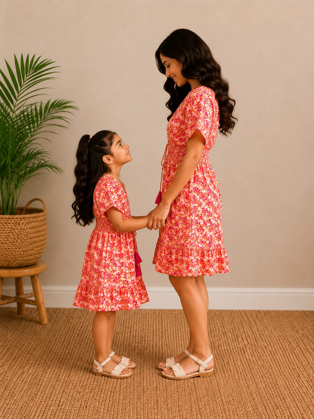Mom & Daughter Sunset Bloom Printed Matching Smocked Waist Flared Dress Set with Tassel Tie Detail